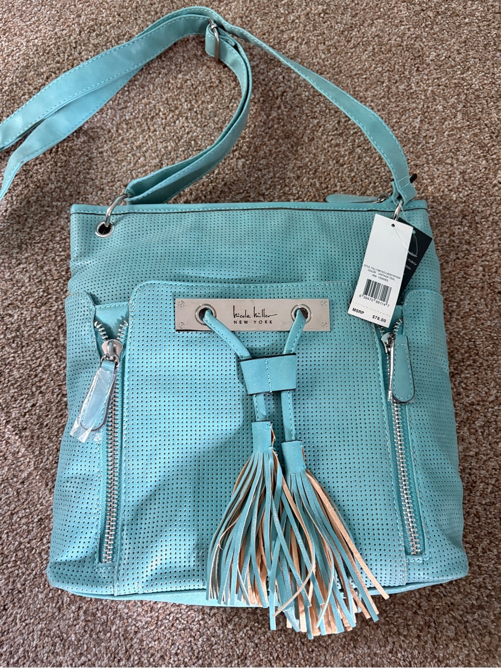 Nicole Miller Aqua Perforated Tassel Shoulder Bag